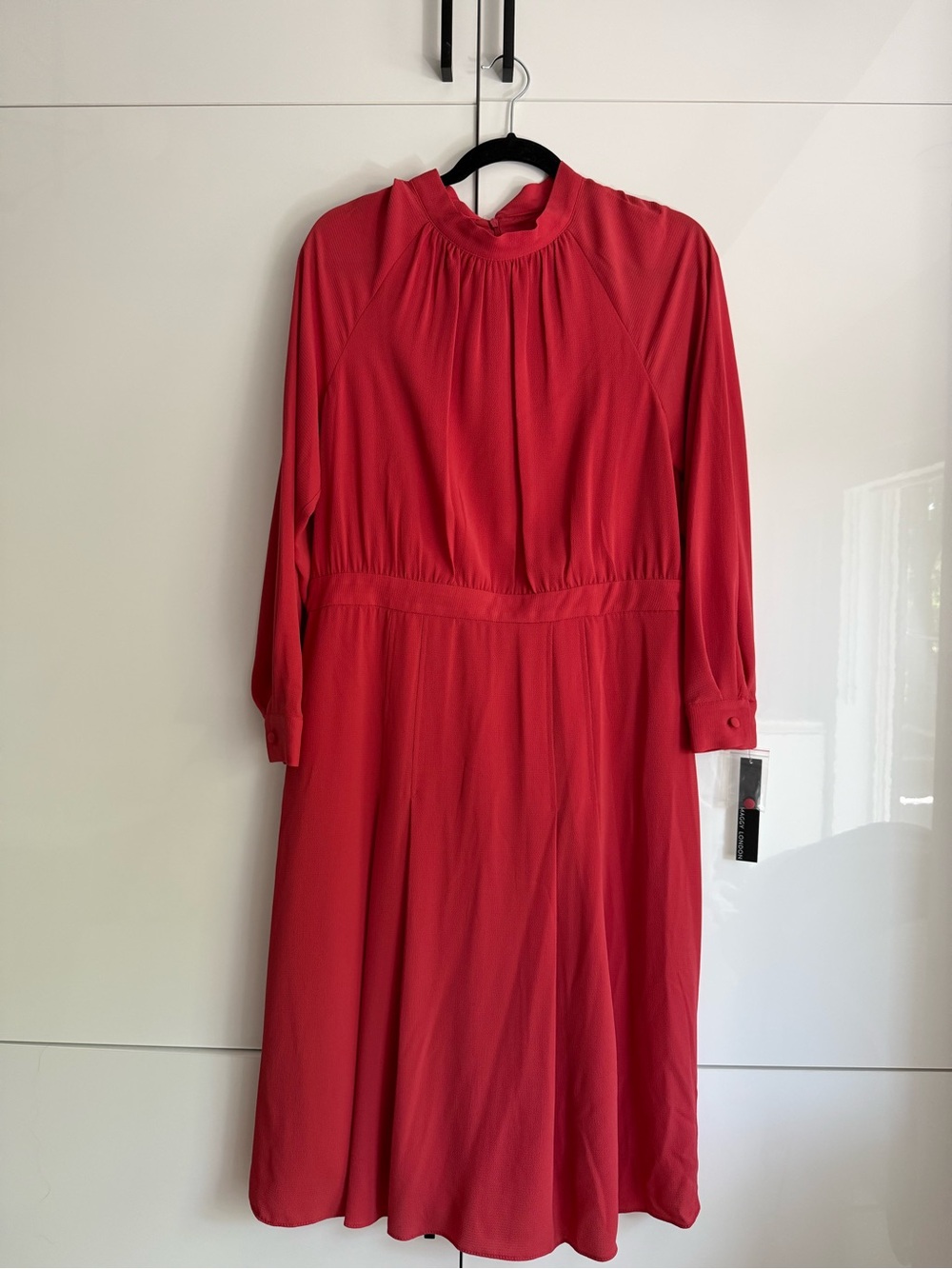 Maggy London Red High-Neck Long Sleeve Midi Dress with Back Neck Bow Tie